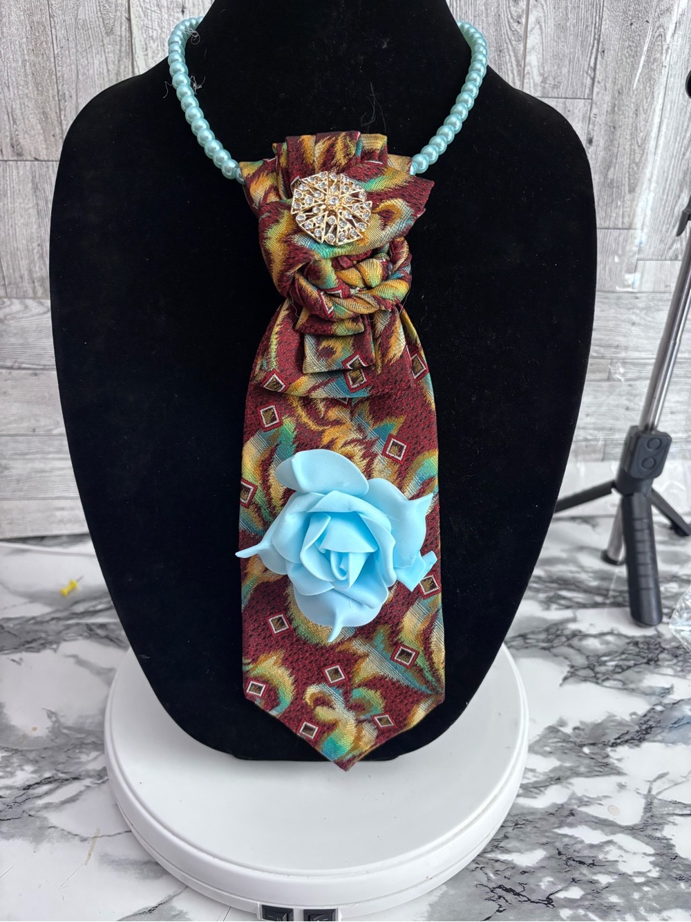 Handmade Multicolor Floral Tie Necklace with Light Blue Rose